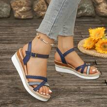 Aijiangluo Women's New Fashion Rhinestone Decorated Sandals, Blue Lightweight Versatile Open Toe Casual Dress Thick Bottom Sandals, Summer Vacation Style Braided Strap Woven Decor Wedge Sandals Suitable For Dates, Shopping, Commuting, Parties, Beach - Royal Blue - View 6