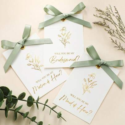 11pcs/Set Bridesmaid Proposal Cards With Ribbon Bow Floral Metal Decor, 8pcs "Will You Be My Bridesmaid?", 2pcs "Maid Of Honor", 1pc "Matron Of Honor" Wedding Party Invitation Cards