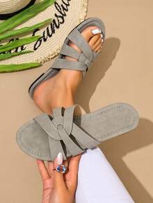 Ximi Ruo Korean Style Casual Flat Slippers, Women's Shoes, Open Toe Sandals For Spring, Summer, Suitable For Dresses, Beach, Apartment, Brown Color - Grey - View 3