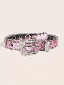 1pc Women's Rhinestone & Hollow Sequin Y2K Style Belt, Suitable For Halloween, Summer, Autumn School Occasions - Hot Pink - View 1
