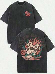 230g Vintage Washed Oversized T-Shirt, Skull Rose Flame Graphic Crew Neck Loose Casual Short Sleeve Tee - 黑色 - 查看 12
