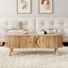 Pea-Shaped Coffee Table With Grooved Pattern, 2 Sliding Doors, Living Room Table, Wood Look, Solid Wood Legs, MDF Material - Natural Wood Color - View 6
