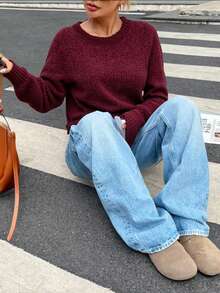 1 Pc Mohair (Angora) Women's Long Sleeve Blouse, Thick, Printed, Plain, Holiday, Vacation, Office, Daily, Autumn, Winter - 酒紅色 - 查看 3