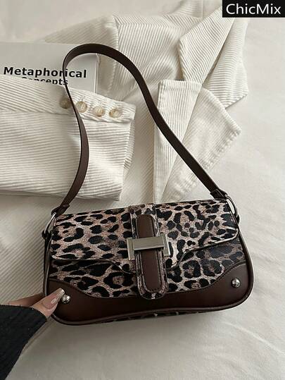 New Fashionable Leopard Print Spliced Rivet Decoration Flip Cover Handbag, Classic And Versatile Retro Hardware Buckle Design Women's Shoulder Bag, Suitable For Shopping, Wallets, Shopping, Young Women, College Students, Newcomers, And White-Collar Workers. They Are Very Suitable For Offices, Universities, Work, Business, Commuting, Outdoor Activities, Travel, And Outings