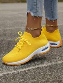 Women's Breathable Lightweight Sneakers - Low-Top Lace-Up Design For Summer, Lightweight Sole Suitable For Running, Walking, Tennis And Casual Wear, Fashionable And Comfortable Fitness Shoes, Fashionable Style, Soft Material, A Must-Have For Fitness Enthusiasts, Fashionable And Versatile Travel Shoes - 黃色 - 查看 4