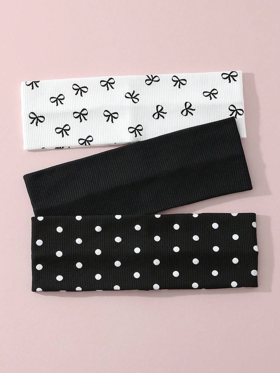 Set de 3 diademas elásticas de mujer con lazo, estampado de lunares, suaves y antideslizantes, accesorios para el cabello versátiles para uso diario, playa, festivales y fiestas - Multicolor - Ver 1