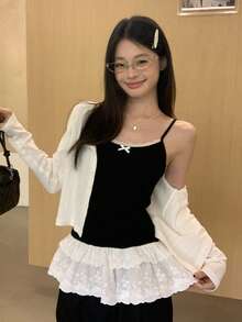 黑色蕾丝边吊带背心，夏季叠穿无袖衬衫，透视设计 - 黑色 - 查看 5