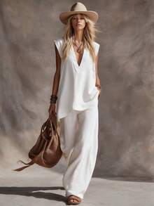 2026 Women's Spring/Summer New Vest With Side Pockets, Solid Color, Casual, Comfortable, Minimalist Linen Two-Piece Set - 杏色現貨 - 查看 4