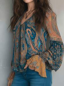 Áo kiểu voan in họa tiết Paisley mới năm 2026, cổ chữ V, thắt nơ phía trước, dáng rộng, tay loe, phong cách bohemian, tay dài, phù hợp cho lễ hội âm nhạc, và cả những dịp nghỉ mát với người có vóc dáng mũm mĩm. - Nhiều màu - Xem 4