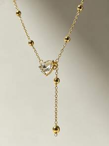 1件女士铜锆石水滴流苏项链，优雅百搭锁骨链 - 金色 - 查看 7