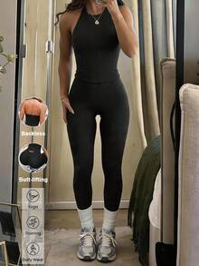 Aoqta Sports 女士夏季休闲纯色两件套，修身无袖露背吊带上衣搭配高腰紧身提臀运动裤，适合瑜伽、跑步、健身、日常穿着。 - 黑色 - 查看 5
