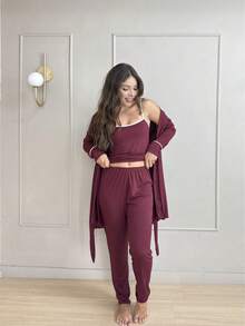 Women's Pajama Set With Robe In Comfortable, Casual, And Elegant Suede Knit - Burgundy - View 2