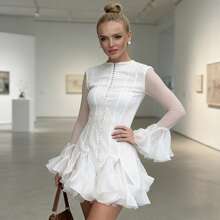 Women's Chic Sheer Long Sleeve Ruffled Flounce Hem Mini Dress High Waist A-Line Button Front Cocktail Party Evening Dress Pink/White - 白色 - 查看 3