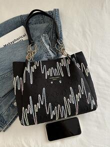 1 pieza Bolso de hombro con cremallera de gran capacidad, de poliéster, con diseño de parches a rayas de color contrastante, adecuado para uso diario de mujeres - Negro - Ver 3