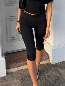 Women Y2k Fold Over Capri Pants Low Rise Knee Length Yoga Leggings Rollover Stretchy Cropped Leggings Solid Color Slim Fit Cropped Pants Summer Going Out Pants Daily Casual Streetwear - 黑色 - 查看 10