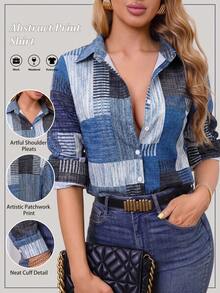 Colorblock Button Print Long Sleeve Casual Retro Shirt, Patterned Plaid Front Button Vacation - Navy Blue - View 4