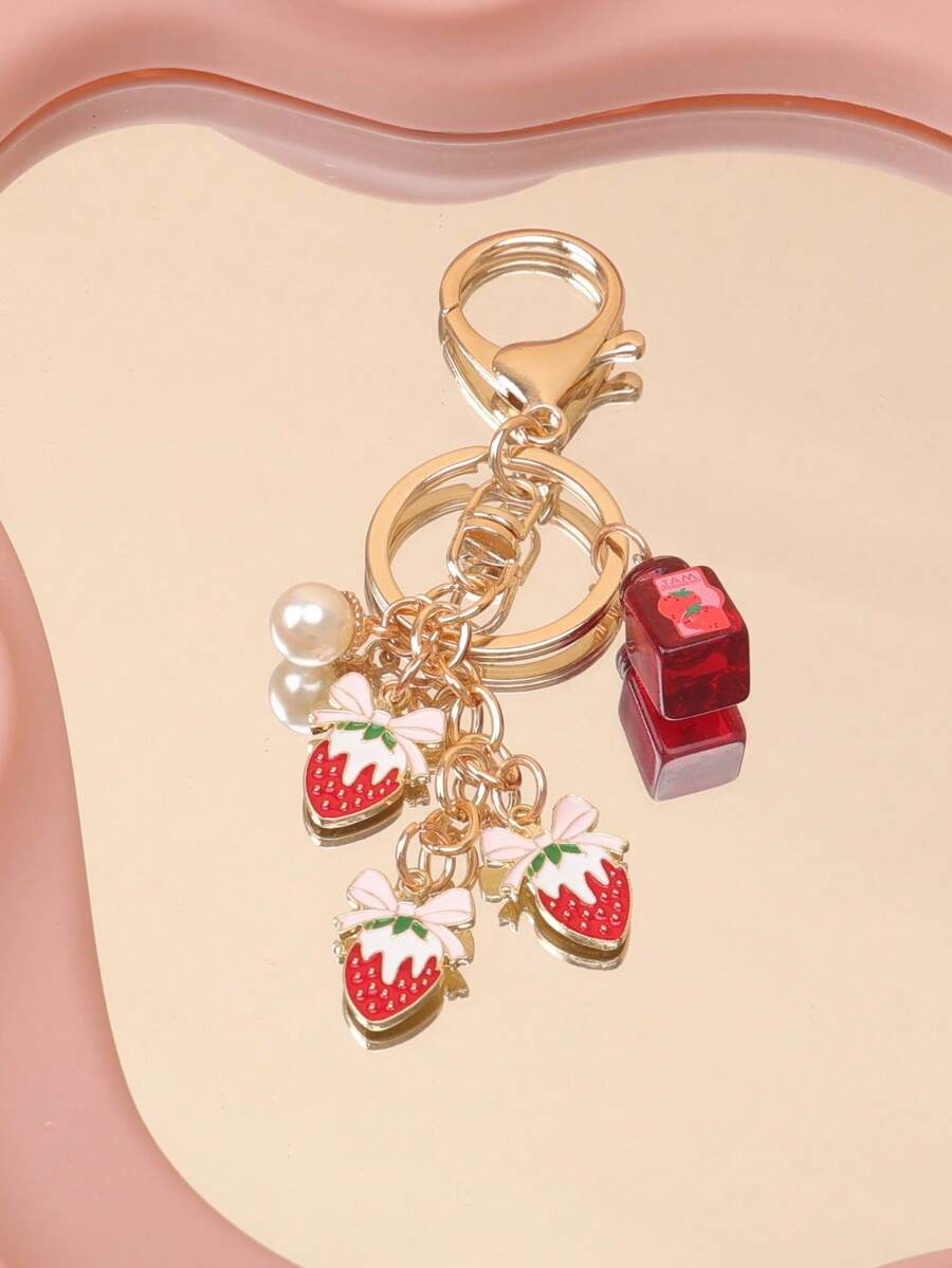 1pc Cute Strawberry Bow Pearl Pendant, Strawberry Jam Keychain, Versatile Bag Charm For Friends - Multicolor - View 1