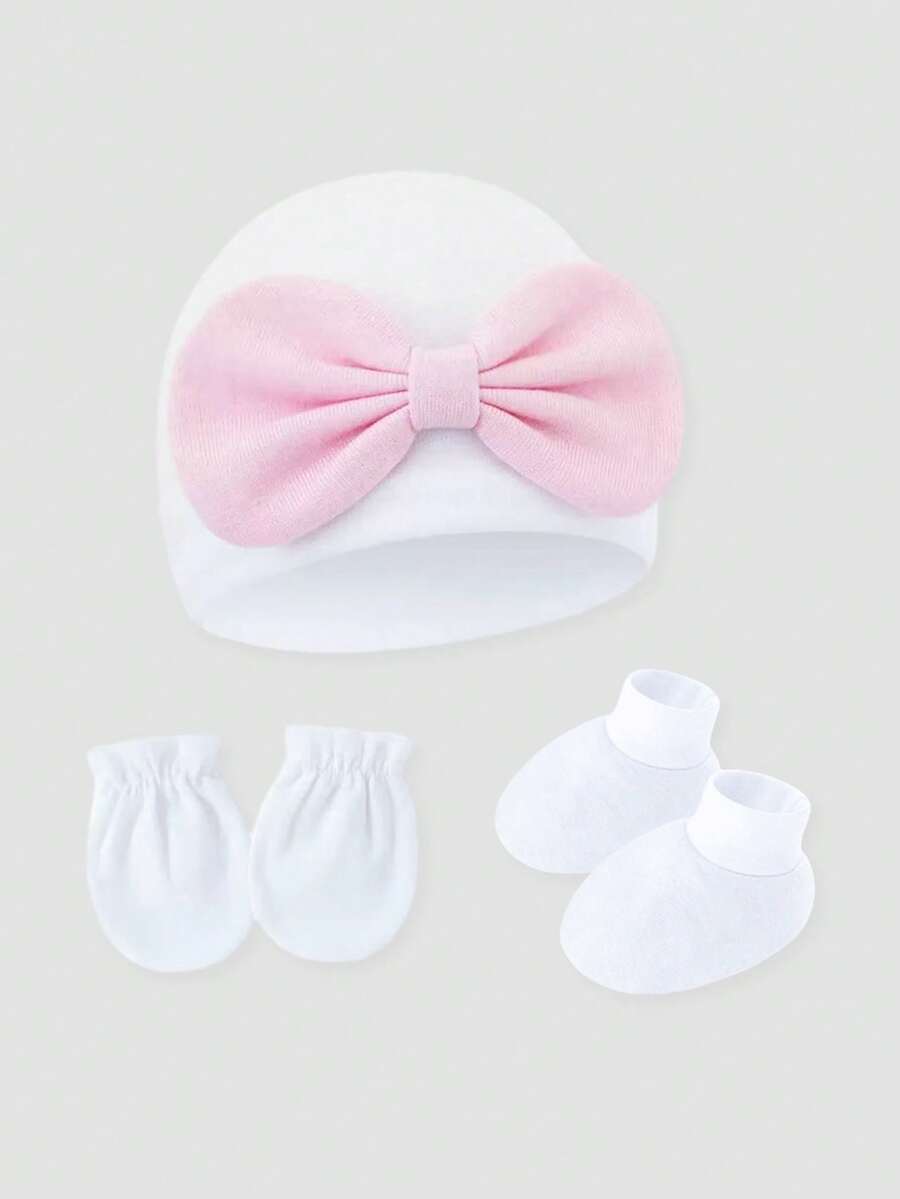 3pcs/Set Soft & Skin-Friendly Newborn Baby Outfit - White Bow - View 1