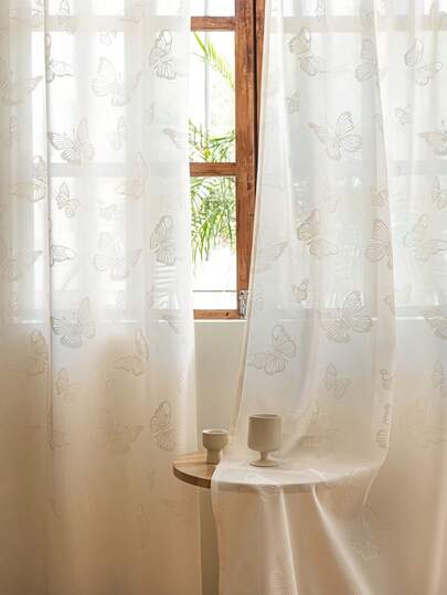 1pc Cream-Colored Jacquard Butterfly Pattern Curtain, With Top Grommet Design. Made With Jacquard Weaving Technique, Suitable For Living Room, Bedroom, Dining Room, Balcony And Other Scenarios, With Heat Insulation And Noise Reduction Functions.