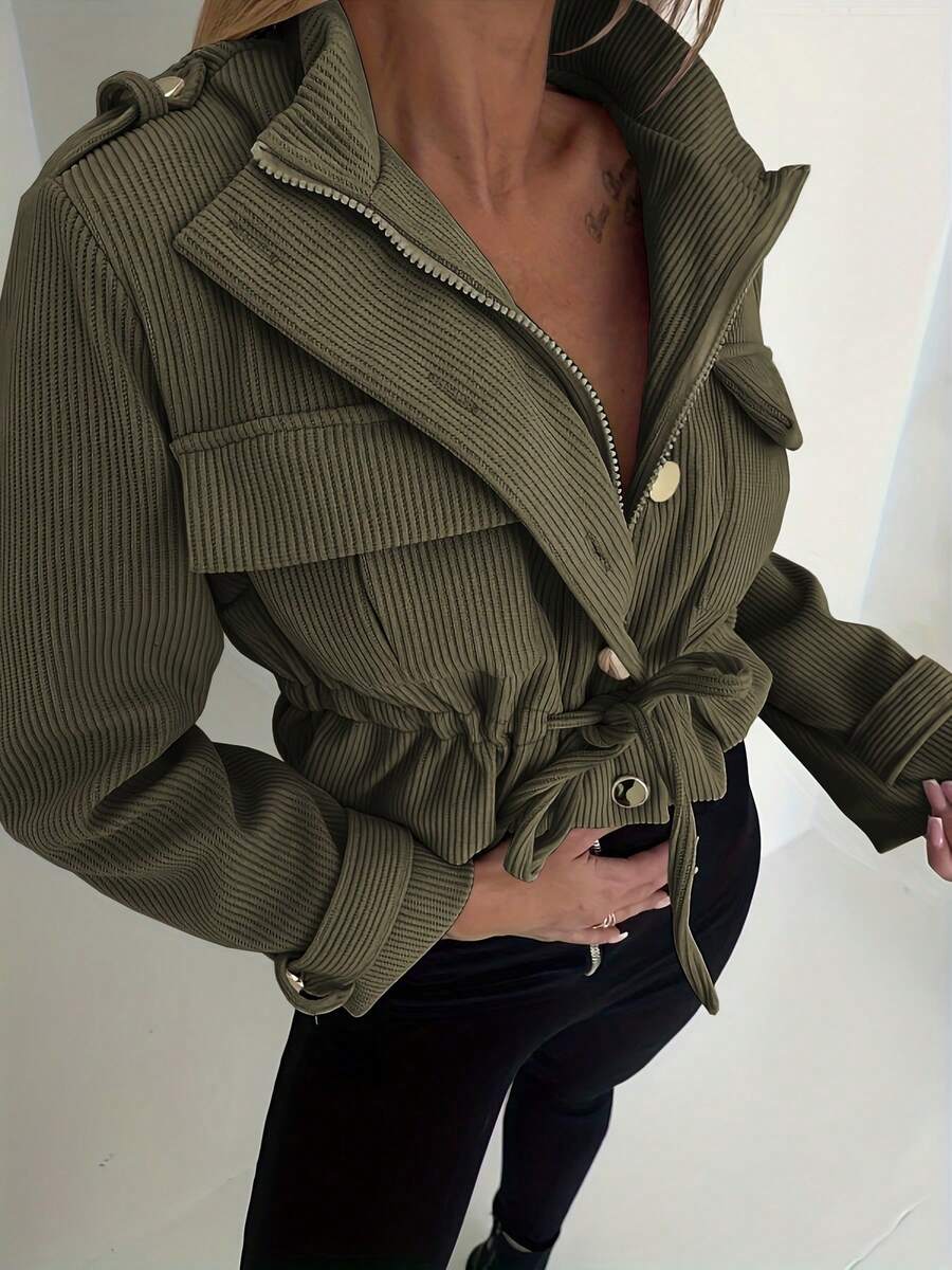 女款秋冬熱銷時尚休閒通勤燈芯絨面料前拉鍊鈕扣腰部綁帶夾克 - 軍綠色 - 查看 1