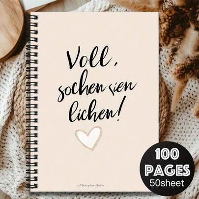 Sổ tay lò xo kiểu Đức, bìa in dòng chữ "Voll, Sochen Sichen!" (Đầy đủ, hãy cảm nhận!) và họa tiết trái tim, thể hiện sự lãng mạn. Dung lượng lớn 100 trang, phù hợp cho công việc, học tập, nhật ký, lập kế hoạch hàng ngày, ghi chú. Một món quà lý tưởng cho lễ tốt nghiệp, sinh nhật, đồng hành cùng bạn viết nên những trang nhật ký tươi đẹp mỗi ngày.