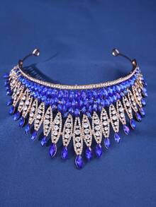 1 pieza Elegante corona con cristales de color champán para mujer, brillante y adecuada para eventos, galas y actuaciones de señoras, decoraciones de cumpleaños, diadema nupcial de aleación de zinc de lujo - Azul - Ver 3