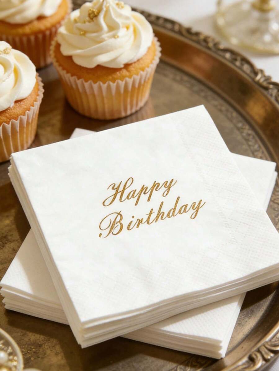20pcs/Pack. Birthday Napkins. "Happy Birthday" Gold Foil Printed Napkins. 3-Ply Thick Absorbent Paper. Tablecloths. Coasters. Birthday Party Decorations. Disposable Tableware Suitable For Home, Restaurant And Kitchen. Holiday Party Decorations. - Multicolor - View 1