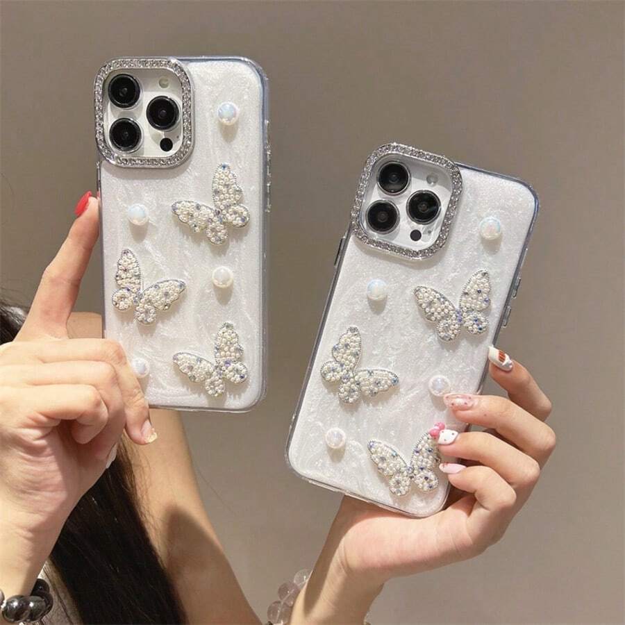 3D Pearl & Rhinestone Butterfly, Shell Texture Phone Case, Shiny Rhinestone Camera Frame, Transparent Shockproof Protective Cover For IPhone 17/16/15/14 Pro Max/13/12/11 Series, Fashionable Elegant Cute Gift For Girls - Clear - View 1