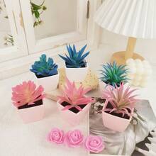 3 pièces Plantes en pot artificielles bleues et roses créatives, ornements de bureau de plantes vertes simulées pour la maison, le bureau, l'intérieur/extérieur. Plantes succulentes artificielles, plantes, décoration de maison, décoration de salon, fausses plantes, décoration de bureau - Multicolore - Voir 2