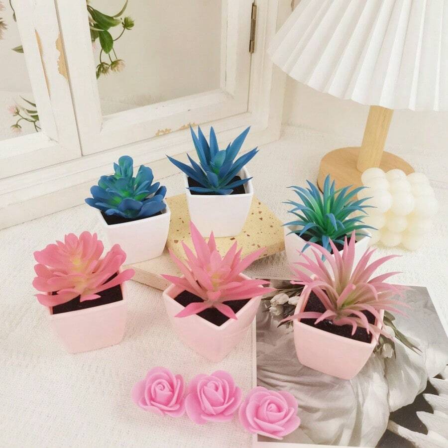 3 pièces Plantes en pot artificielles bleues et roses créatives, ornements de bureau de plantes vertes simulées pour la maison, le bureau, l'intérieur/extérieur. Plantes succulentes artificielles, plantes, décoration de maison, décoration de salon, fausses plantes, décoration de bureau