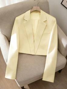 Plus Size Women Casual Minimalist Solid Color Slim Fit High Waist Lightweight Short Blazer Jacket, Suitable For Work & Daily Wear - Light Yellow - View 2