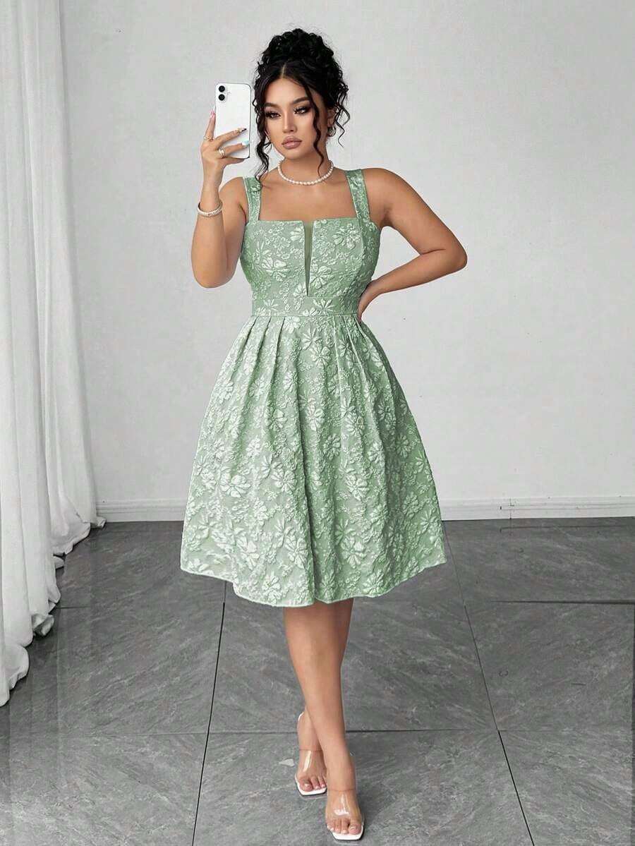 Vestido de tirantes casual de estilo vacacional para mujer talla grande con diseño de cintura en tejido jacquard con textura y escote en V - Verde - Ver 1