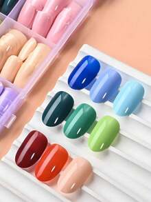 288-Piece Nail Art Sticker Set, 24 Colors, Glossy Acrylic False Nails, Full Coverage, Oval, Mixed Colors, Solid Color Patterns, Short, Perfect Gift For Women And Girls, Nail Art Accessories - Multicolor - View 3