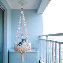 1 chiếc võng treo cho mèo bằng macrame, kiểu Bohemian, giường treo cho mèo, trụ cào móng gắn tường đáng tin cậy, võng đu cho mèo bằng sợi dệt thủ công, phù hợp cho mọi mùa - Không bao gồm đệm. - Màu be - Xem 6