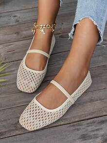 Nouvelles chaussures plates à mailles ajourées pour femmes, chaussures de ballet mode Mary Jane, douces et élégantes, mocassins respirants à enfiler pour l'été, cadeau pour la fête des mères - Lanterne Beige - Voir 2