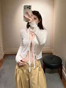 精致V领蕾丝喇叭袖轻薄披肩罩衫，夏季防晒薄款外套 - 杏色 - 查看 5