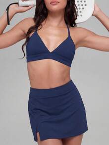 RRIVE Solid High Waisted Tennis Athleisure Skirt With Built-In Shorts A-Line Skirt Quick Dry Athletic Skort Preppy Mini Skirt For Tennis Yoga Golf Pickleball Running Summer Spring Outfits Vocation Outfits Workout Bottoms - Màu xanh hải quân - Xem 5