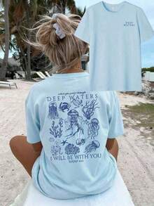 2026 Summer Tops2026 Summer ShirtWomen's Summer New Simple Cute Marine Life Print Casual Vacation Style Loose Versatile Round Neck White Short-Sleeved T-Shirt Fashionable Daily Tops Suitable For Daily Vacation Wear. Graphic Tees Women Pink TopLoose And Comfortabletops De MujerLoose And Comfortableshirts - 淺藍色 - 查看 17