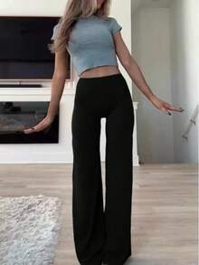 1 Pair Women's Solid Color Loose Yoga Wide Leg Pants, Comfortable Fitted Versatile, Suitable For Running, Fitness And Yoga - Black - View 11