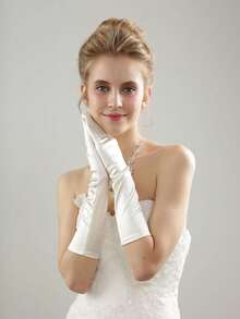 1 par de guantes formales de satén liso de 38 cm de largo para mujer, adecuados para Navidad, Año Nuevo, banquetes, bodas y accesorios de otoño - Blanco - Ver 5