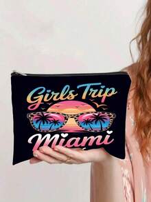 Summer Vacation Family & Girls Trip Print Cosmetic Bag, Tropical Beach Themed Portable Zipper Pouch - Multicolor - View 3