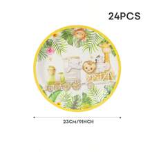 丛林探险动物火车一次性餐具套装，9英寸和7英寸纸盘，9盎司纸杯，餐巾纸组合，水彩狮子长颈鹿大象猴子热带棕榈印花餐具套装，适用于丛林主题派对、探险庆典、热带聚会、后院烧烤、野餐、自然主题派对、花园派对 - 多色 - 查看 9