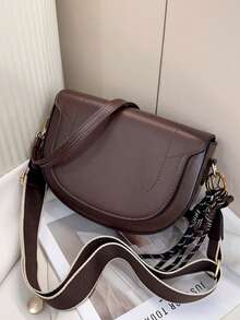 ZA New Autumn Women's Burgundy Saddle Bag, Contrast Stitching Design, Top Handle One Shoulder Crossbody Flap Rigid Bag - Coffee - View 7