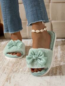 Women's Fuzzy Bow Slippers, Comfortable Indoor Lightweight Non-Slip Cute Slippers For Spring, Autumn And All Seasons - Green - View 6