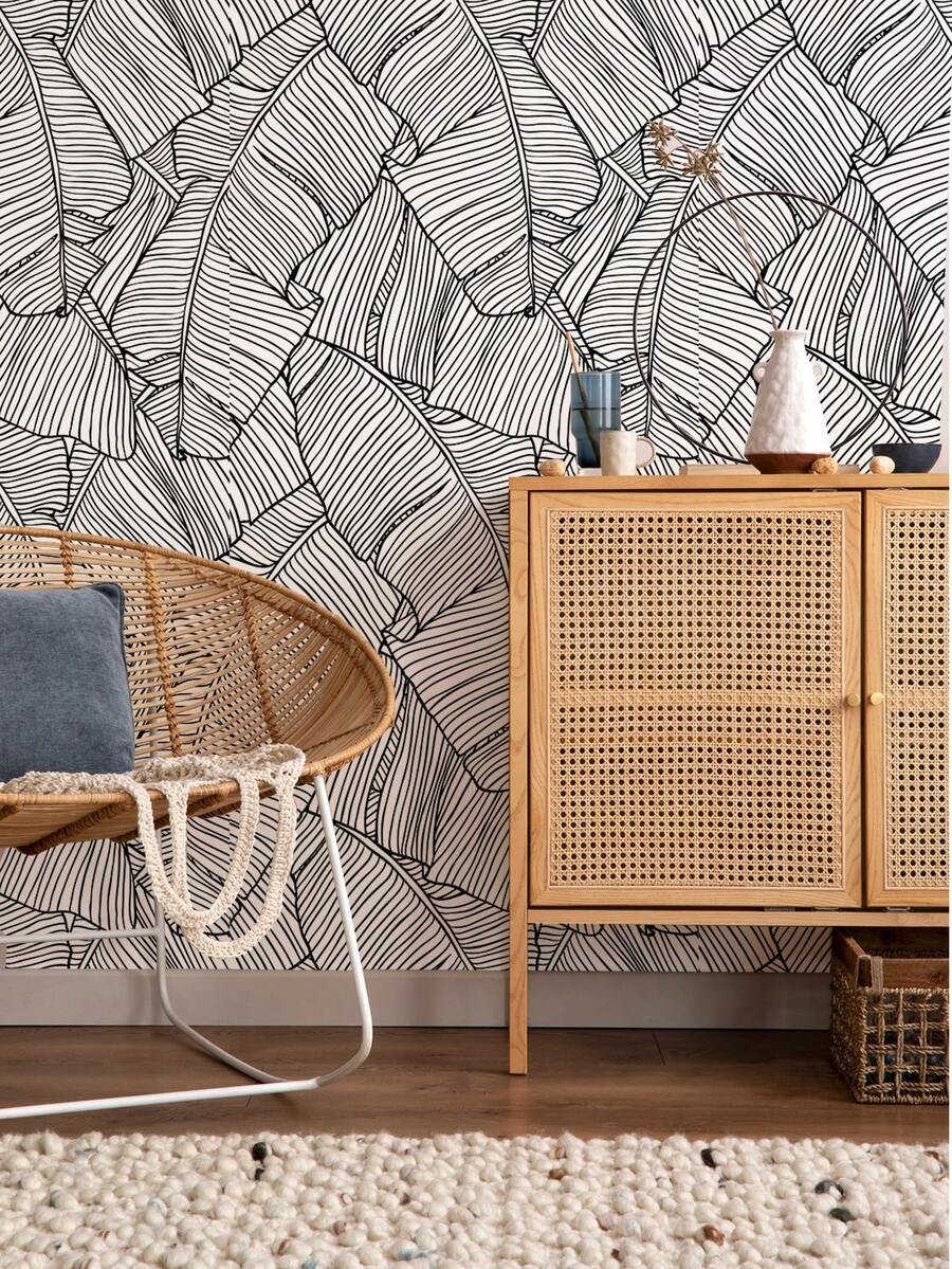SUPSTICKER 1 Roll Boho Black Line Banana Leaf Wallpaper, Peel And Stick Waterproof Removable, 15.75x39.37/118.11/196.85in, For Wall Cabinet Drawer