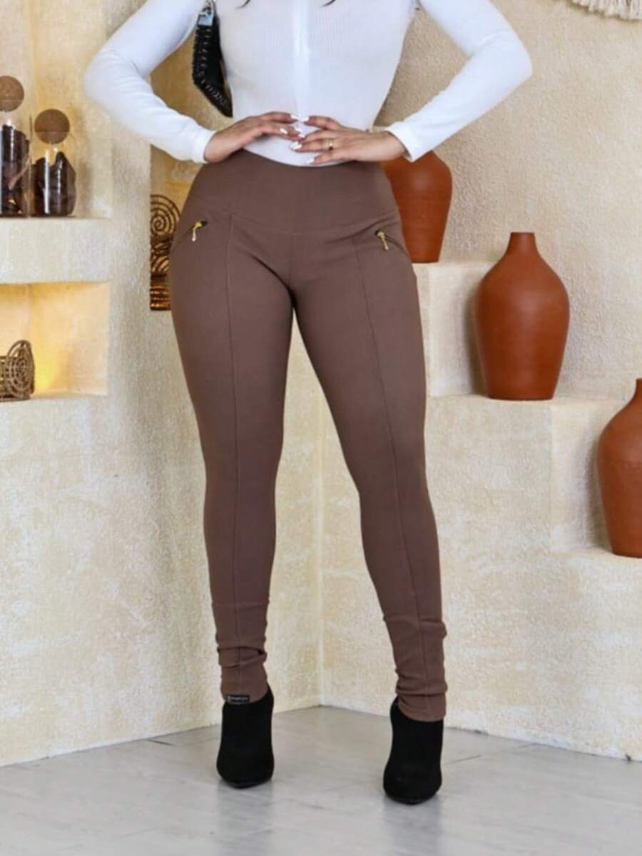 Women's Riding Pants, High Waist, Ribbed, With Gorgurinho Detail - Mocha Brown - View 1