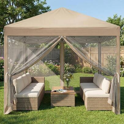 3M Pop Up Gazebo With Mesh Sides Mosquito Net For Outdoor Garden Khaki