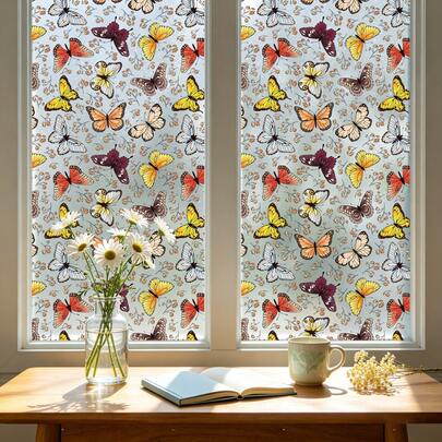 Retro-Style Colorful Butterfly Frosted Window Film, Reusable PVC Glue-Free Electrostatic Adsorption Window Film, Suitable For Kitchens, Bedrooms, Bathrooms, And Home Decor.