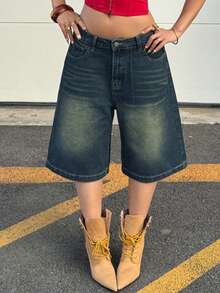 Y2K Vintage Washed Distressed Low Waist Flare Leg Denim Shorts With Side Pockets Casual Summer - Dark Wash - View 5