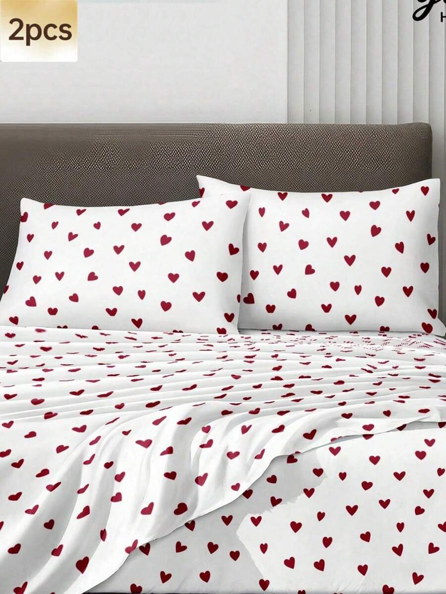 2pcs White & Red Heart Pattern Super Soft Solid Color Pillow Covers, Envelope Closure, Lightweight Bedding For Bedroom, Dorm, Back To School, Breathable & Washable Pillow Case Set - Red and White - View 1
